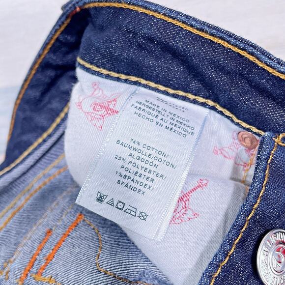 True Religion Flap Boot Cut Jeans Blue Dark Wash Low Rise Stretch Womens 27 - Picture 9 of 10